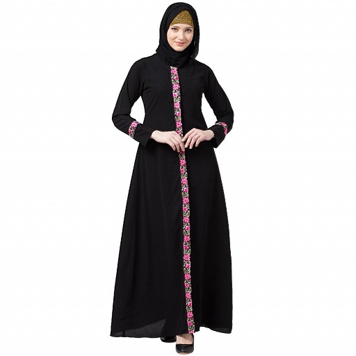 Elegant front open abaya with embroidery work- Black